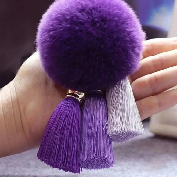 Multiple Colors Available - Fuzzy Fur Pom Pom Keychain Key with Tassels - Picture 4 of 15